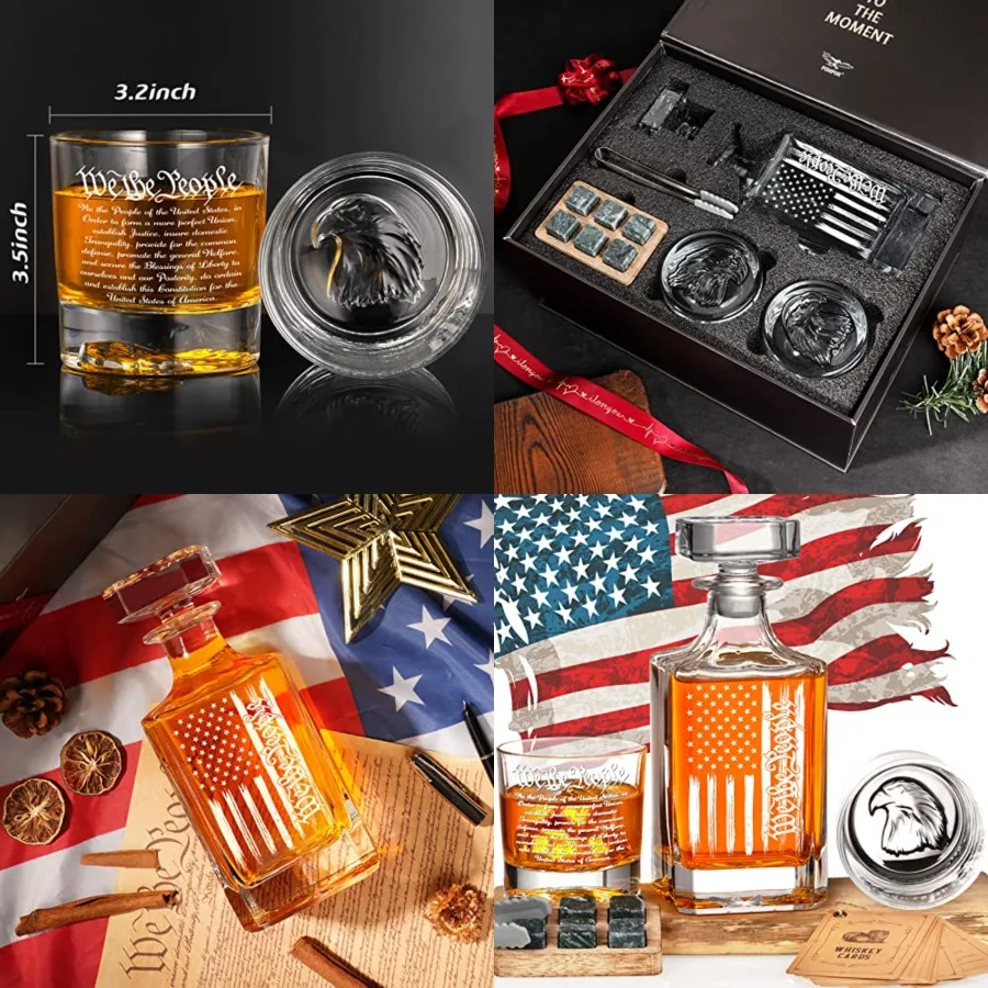 

250th Anniversray Whiskey Decanter Engraved We The People American Flag, 750ml Whiskey Decanter Set with 2 Glasses, Boss Day Pa