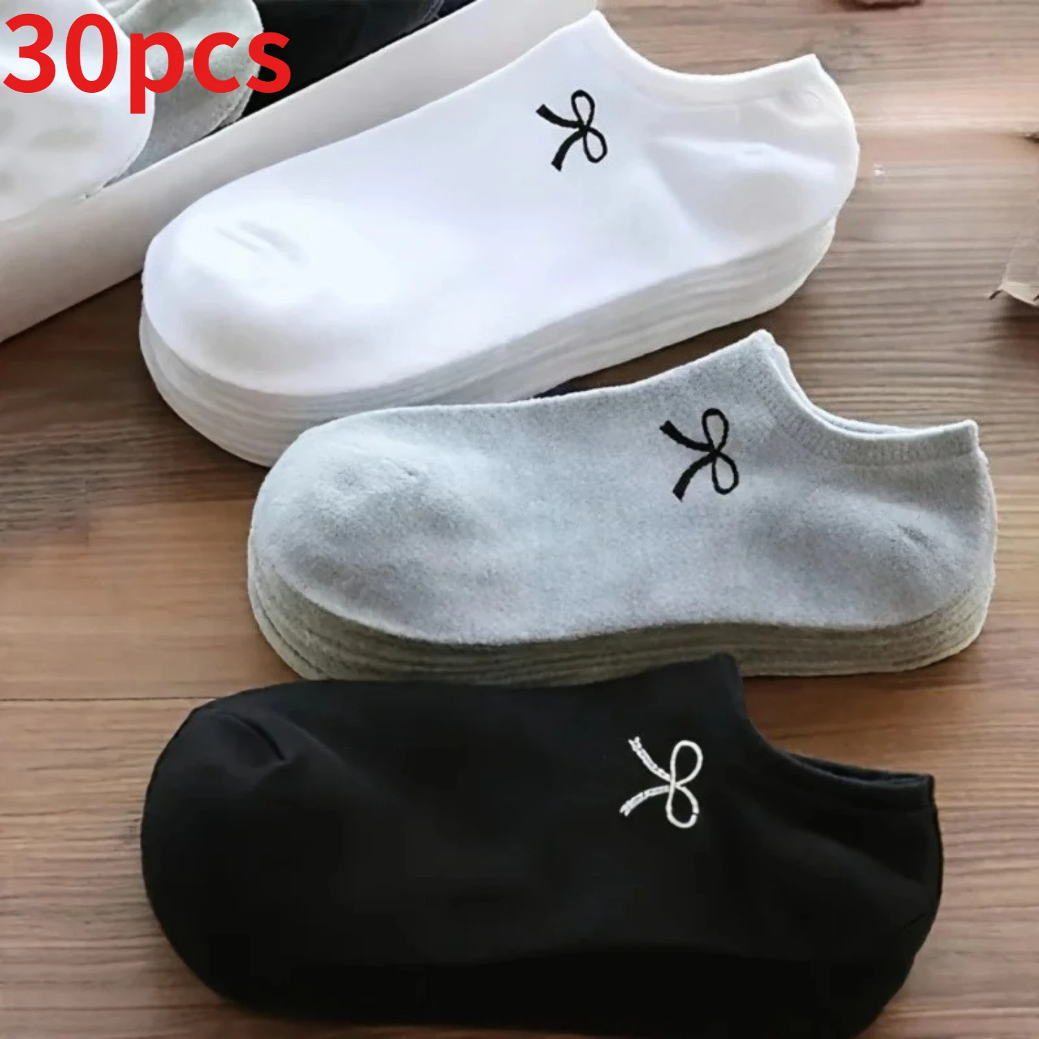 30Double Random Color Ladies Bowknot socks - Breathable Spring and Summer Invisible Socks Suitable，Wide ankle area，Loose ankle