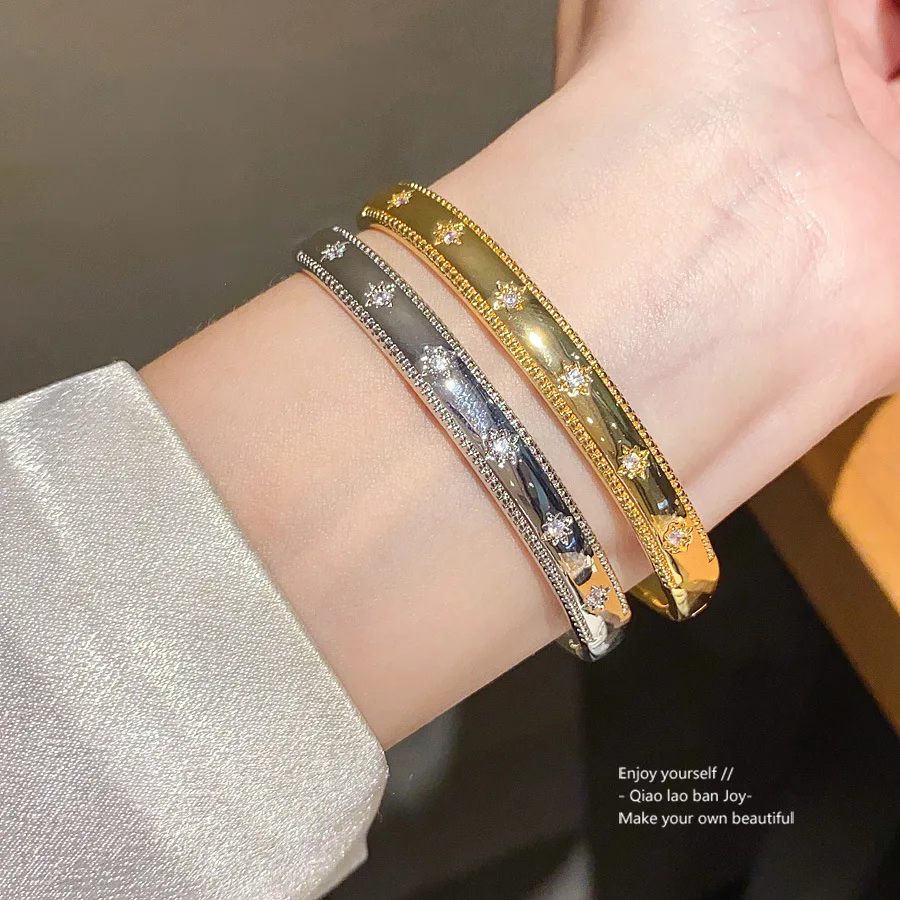 

Luxury Gold Plated Bracelet with Zircon Clasp Minimalist Cuff Bangle for Women Elegant Sophisticated Dainty Jewelry Gift