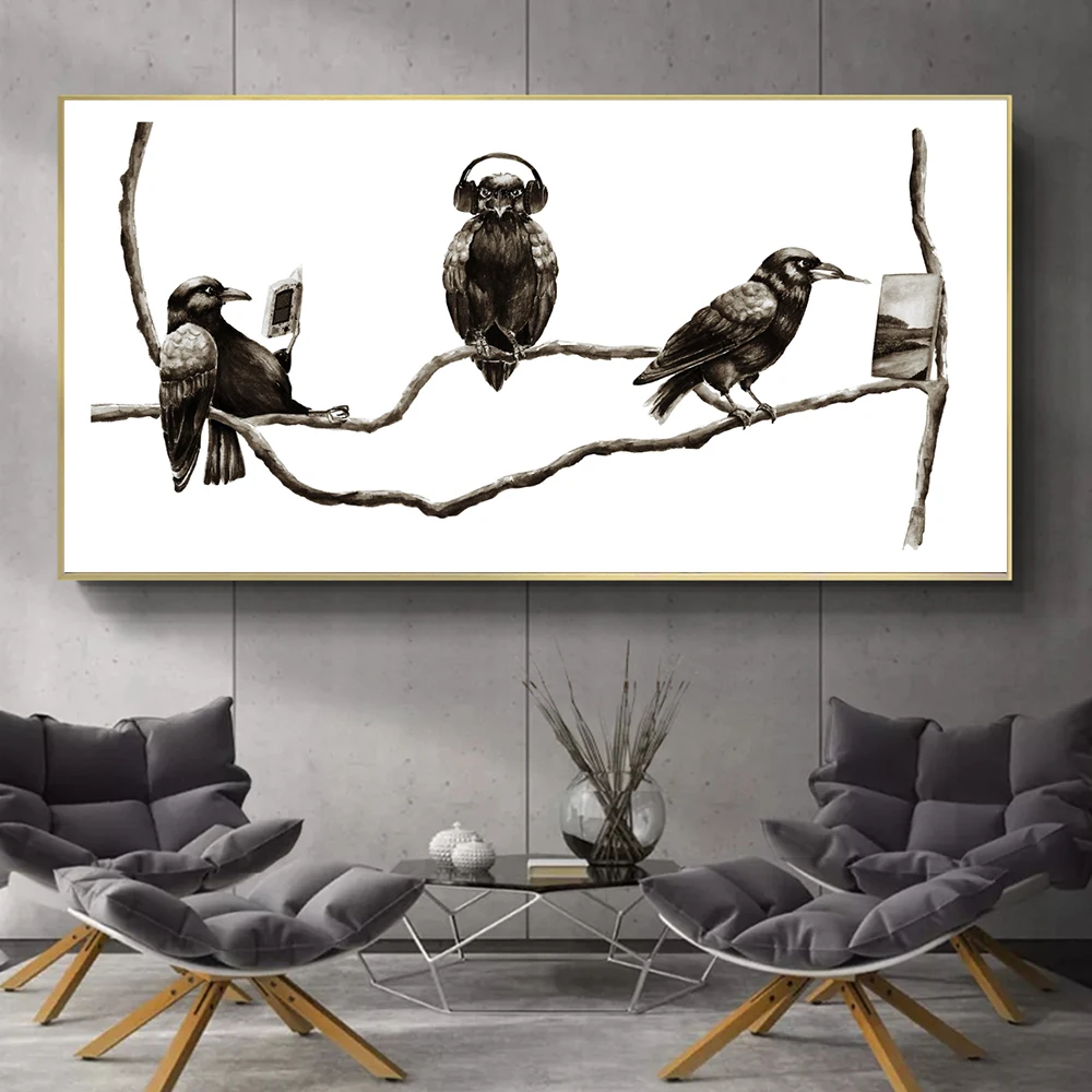 

Spanish Black and White Sketch of Three Crows on Branch Music Painting Reading Canvas Posters Prints Living Room Wall Home Decor