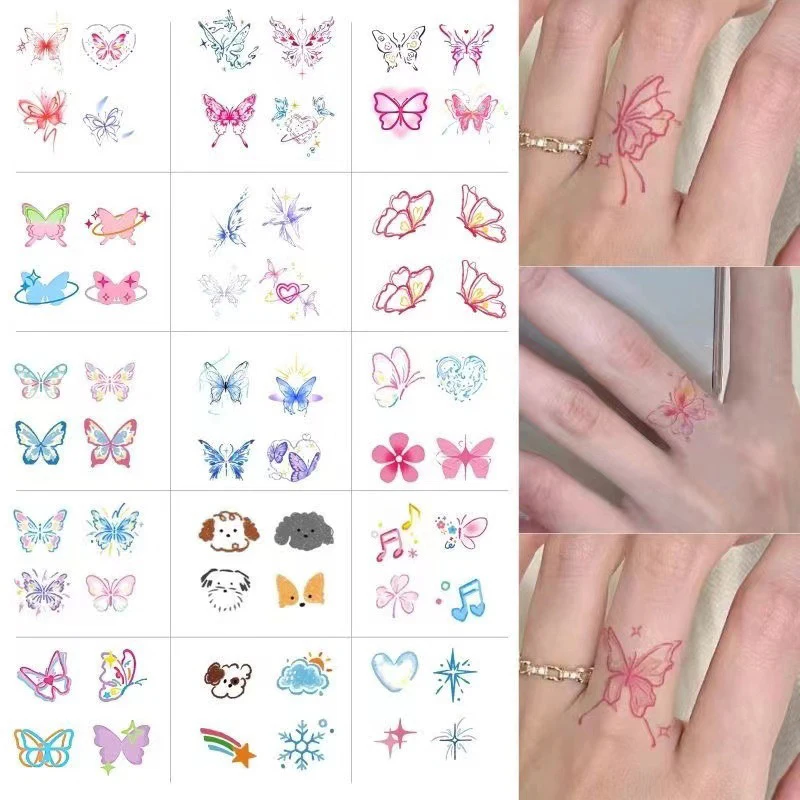 15 hojas de tatuaje temporal resistente al agua con mariposa de ensueño y purpurina, tatuaje falso realista resistente al agua de larga duración, pegatinas para dedos