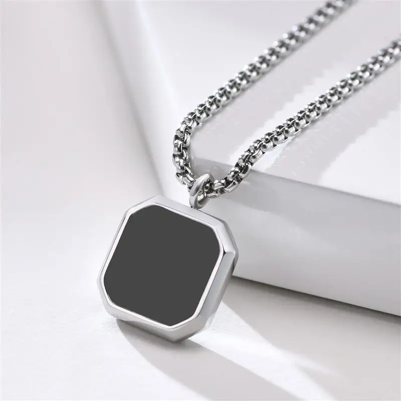 Fashion Square Natural Stone Necklace for Men Solid Stainless Steel Geometric Polygon Pendant Casual Punk Vintage Jewelry Gift