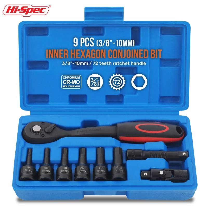 9PC Set of H/T Type 72-Tooth Curved Handle Ratchet Wrench CR-MO, 75MM Rod, Universal Adapter, 50MM Torx Screwdriver Socket 3/8