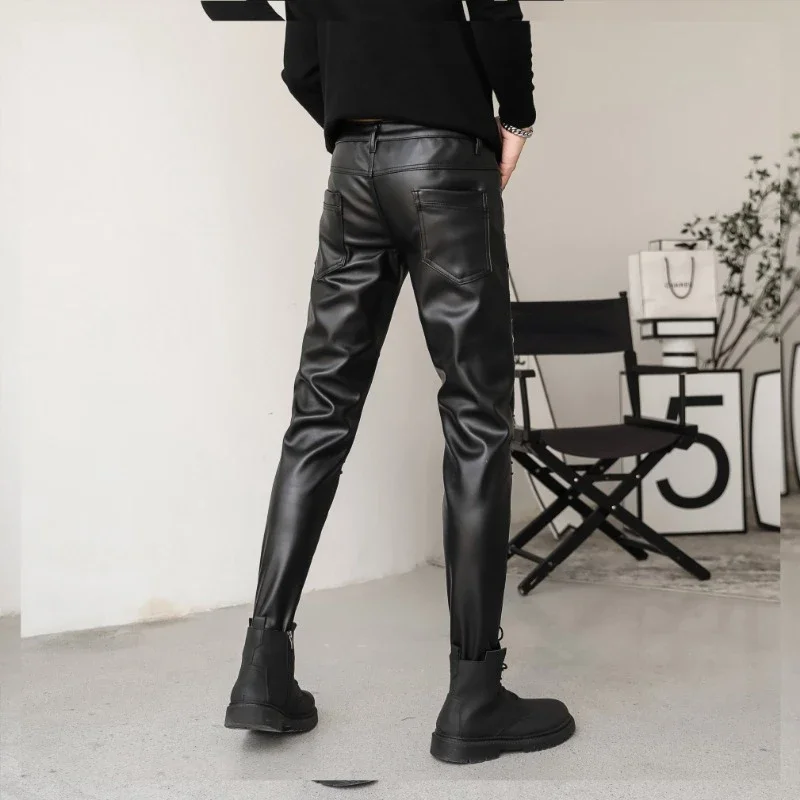 2025 New Arrived Skinny Biker Leather Pants Mens New Faux Leather Biker Trousers for Male Trouser Stage Club Wear