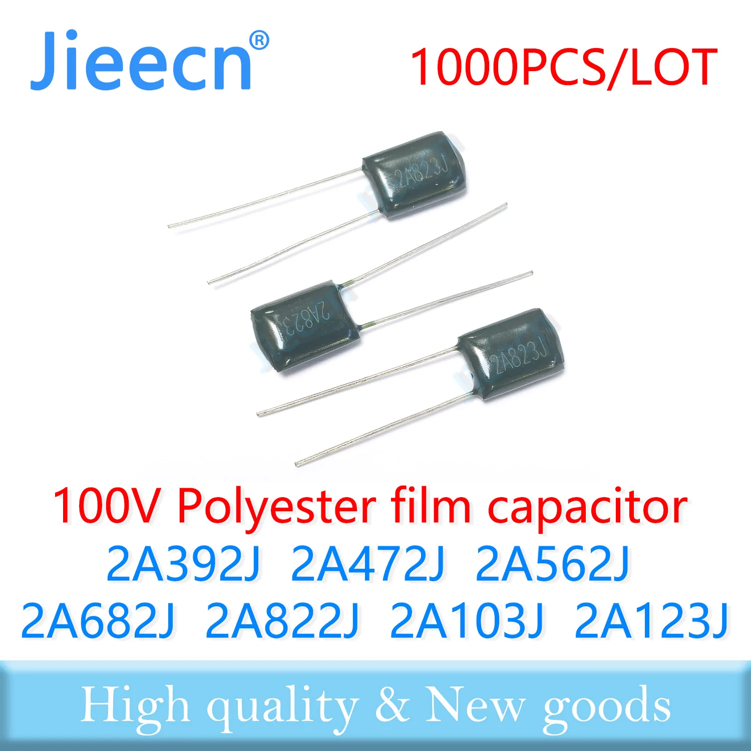 1000PCS 100V 2A392J 2A472J 2A562J 2A682J 2A822J 2A103J 2A123J 3.9NF 4.7NF 5.6NF 6.8NF 8.2NF 10NF 12NF Polyester film capacitor