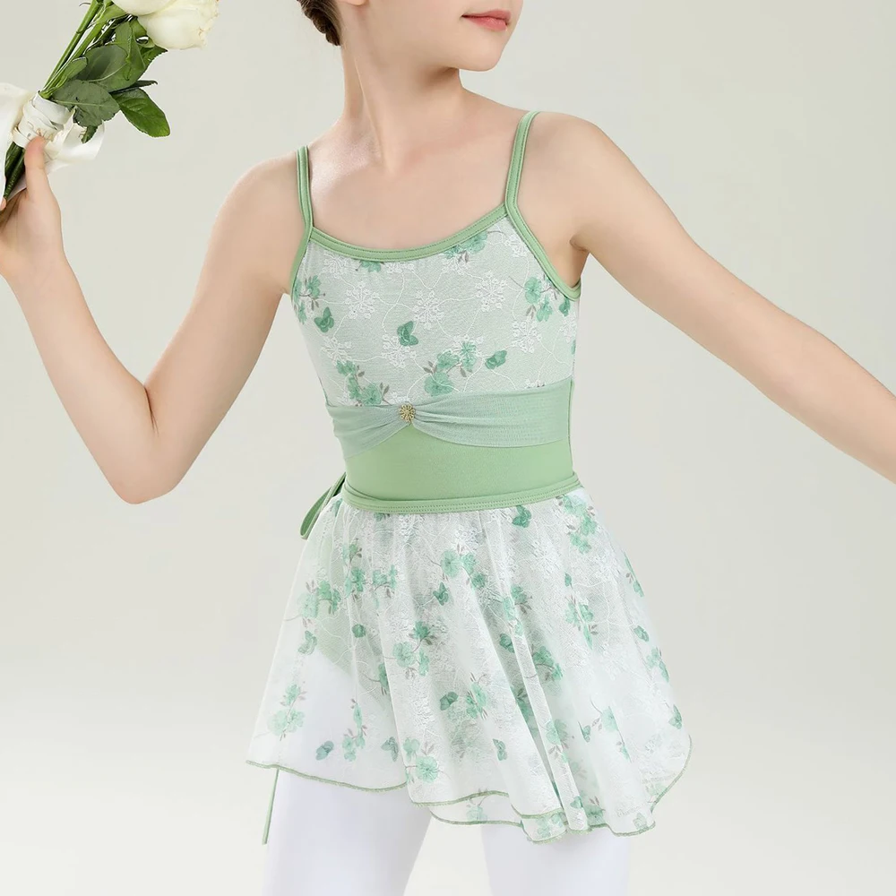 

Girls Ballet Dance Dress Outfit Adjustable Straps Floral Printed Mesh Gymnastics Leotards with Skirt Combo Ballerina Dancewear