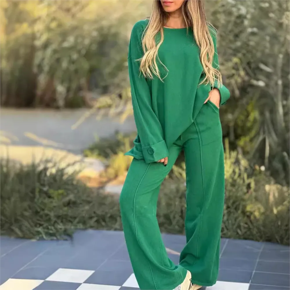 Women\'s Suit 2024 New Fashion Casual Solid Color Long Sleeve Tops Wide Leg Pants Long Pants Two Piece Set Woman Rompers Conjunto