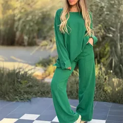 Women's Suit 2024 New Fashion Casual Solid Color Long Sleeve Tops Wide Leg Pants Long Pants Two Piece Set Woman Rompers Conjunto