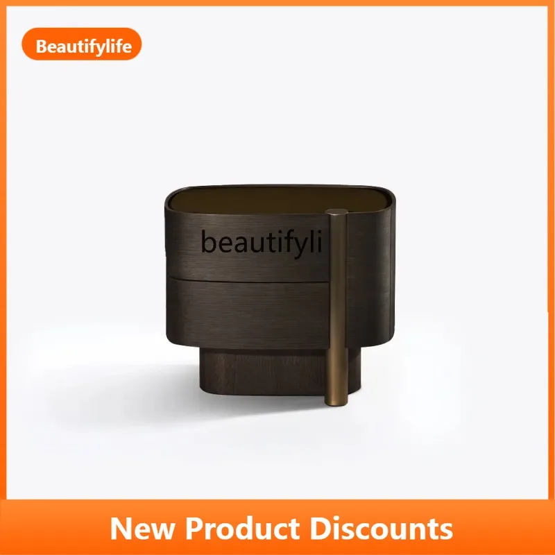 B73 Italian Minimalist Solid Wood Bedside Table Simple Modern Smoky Color Bedside Storage Cabinet Wabi-Sabi High-End Bedroom