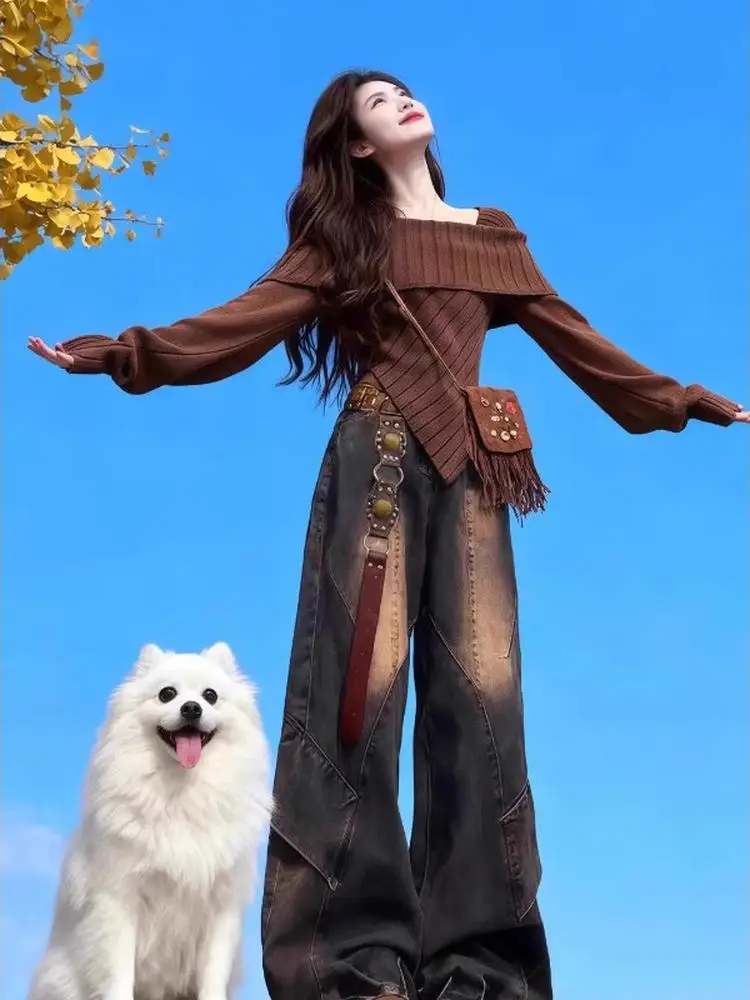 

Casual French Coffee Brown Knit Top For Women One Shoulder Irregular Long Sleeve Jumpers Sweater Winter Office Fashion Layering