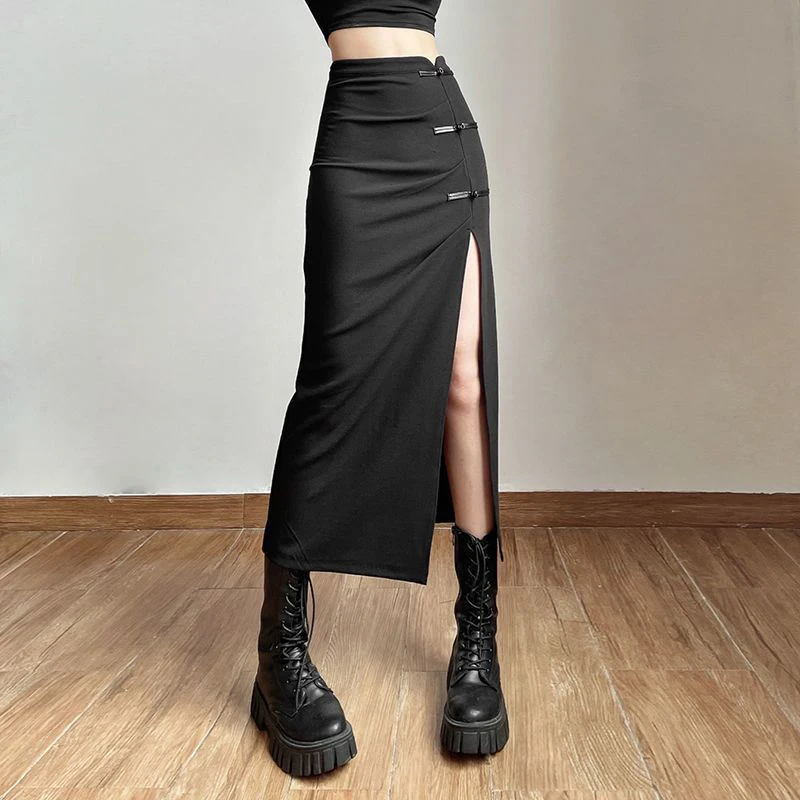 Y2k Black Sexy Slit Women Long Skirts Harajuku Street Folds Female Skirts Retro All Match High Waist Ladies Hip Wrap Long Skirts