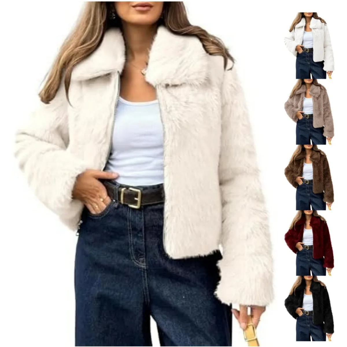 Women Faux Fur Coats White Work Turn Down Collar Short Coat Gothic Autumn Winter Thick Warm Furry Streetwear Jackets outwear