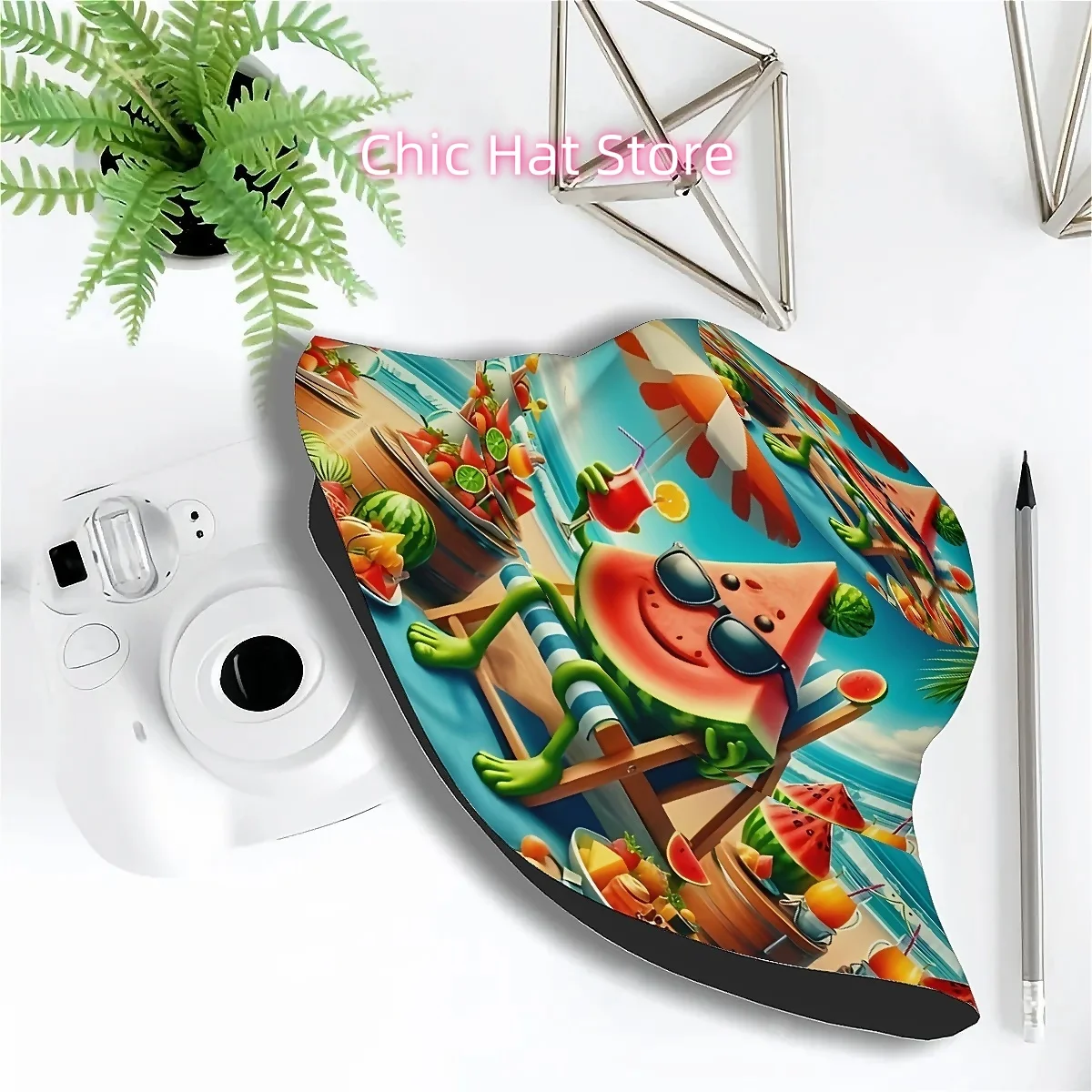1pc Watermelon Wearing Sunglasses Pattern Unisex Printed Fisherman Hat, Stylish Hat with Fun, Outdoor Vacation Golf Beach Fishin