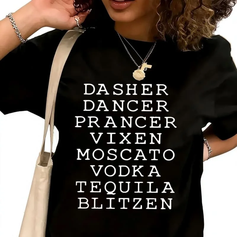 DASHER DANCER PRANCER VIXEN Women's T-Shirt 100% Cotton Funny Graphic Short Sleeve Tee Novelty Shirt Casual Crew Neck Top S-5XL