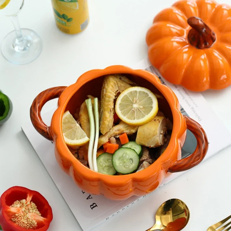 DoubleHled Ceramic Pumpkin Bowl Halloween Themed Serving Bowl for Soups And Stews Home Decor And Culinary Use