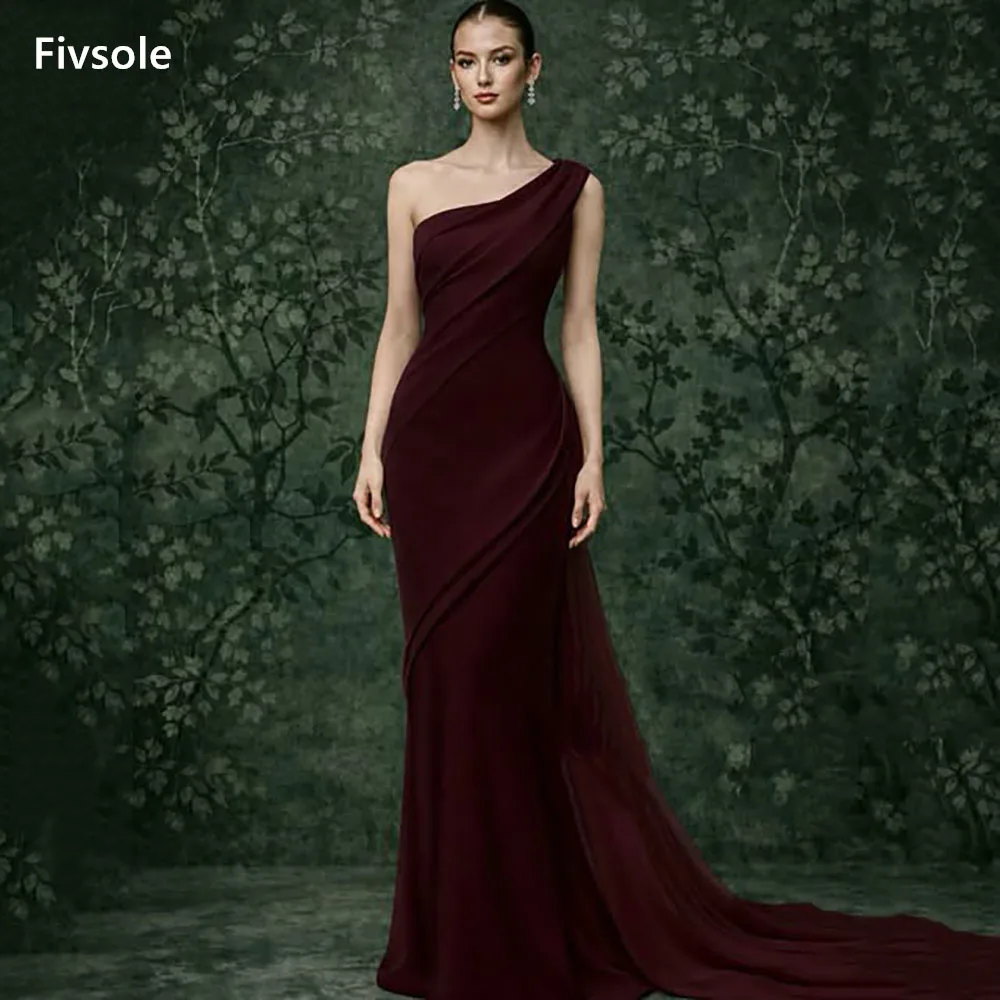 Vestido de noche de sirena de gasa burdeos Fivsole, vestidos de fiesta de un solo hombro con cinturón largo lateral y cola, vestido de graduación 2026 personalizado