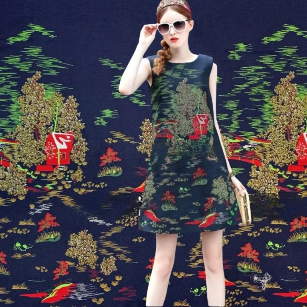 

Золотая льняная парча, жаккардовая ткань, окрашенная пряжа для шитья своими руками, костюм, пальто, платье, европейский модный дизайн, материал, ткань по метрам