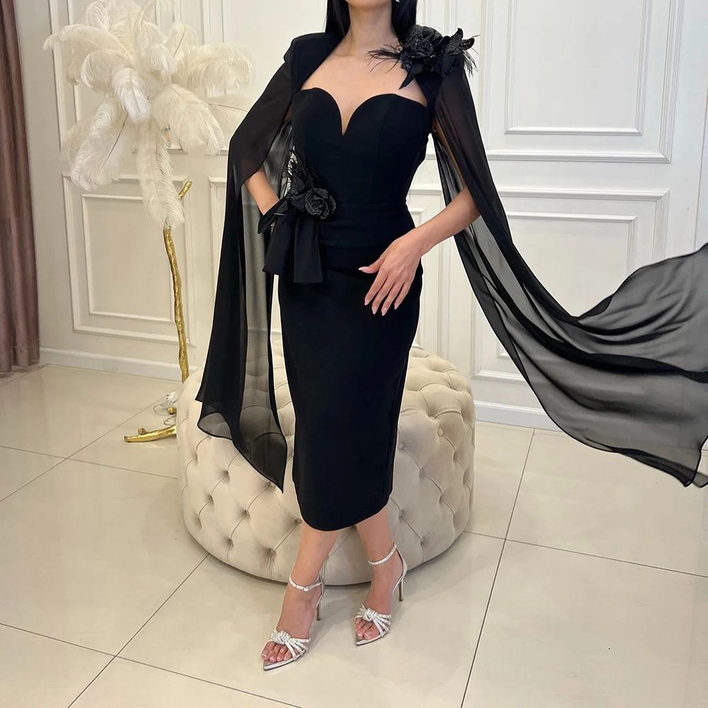 

Customized Fashion Watteau Train Flowers Pleats Tea Length Evening Dresses Graceful Straight Sweetheart Jersey Black Party Gowns