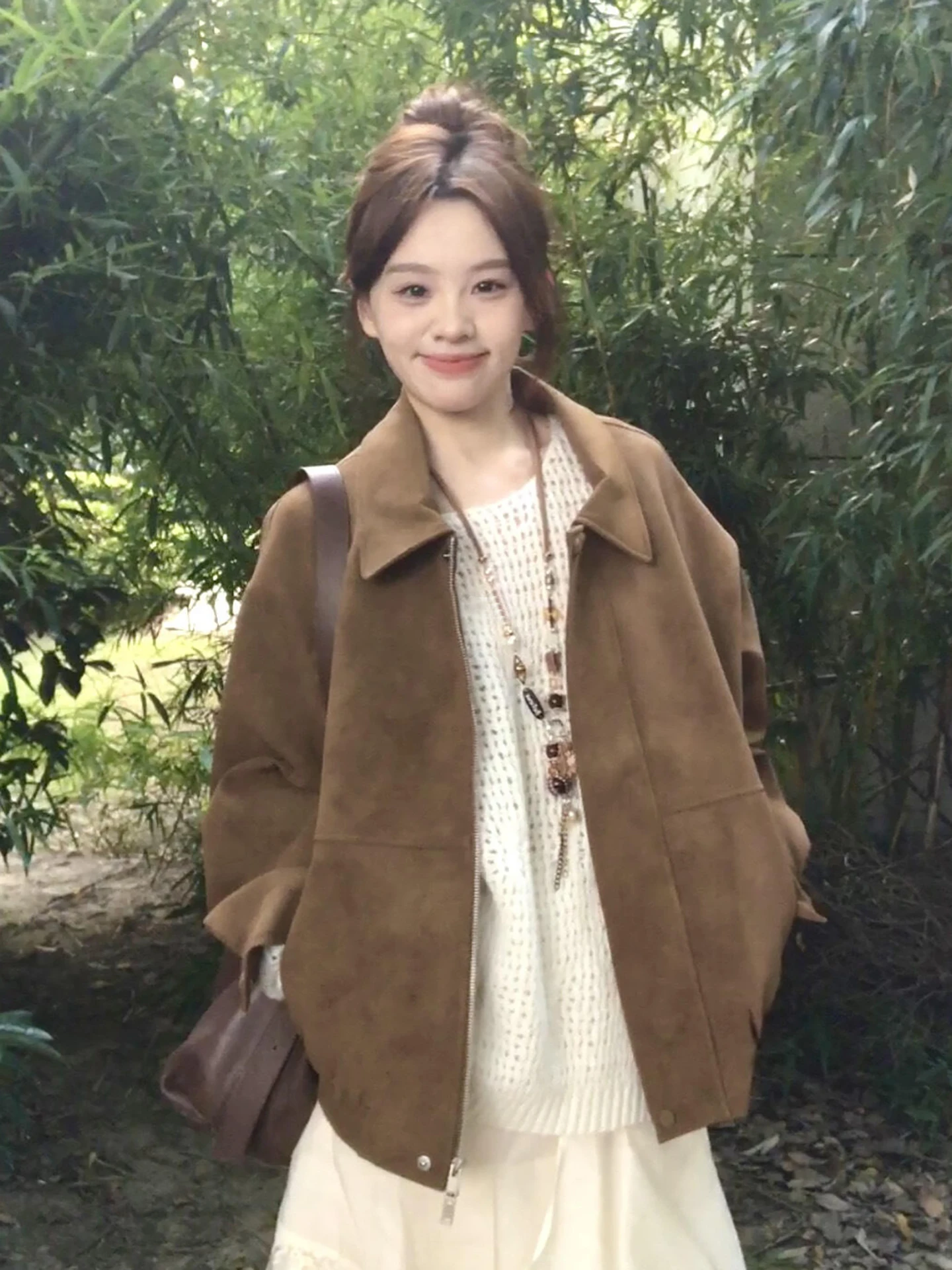 

Retro Suede Jaet Women's Spring Autumn Loose Casual Lapel ort Outerwear Comfortable Fit Regular Length Zipper Closure