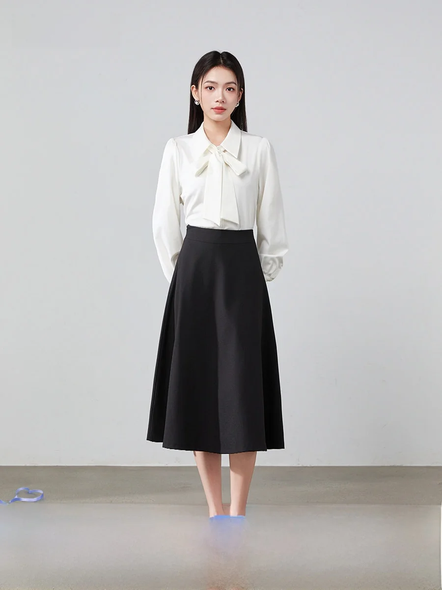 

Peach Blossom Rhinoceros Women's Shirt Bow Tie White Shirt Commuting Spring Interview High-End Feeling Set Silk Satin Long Sl...