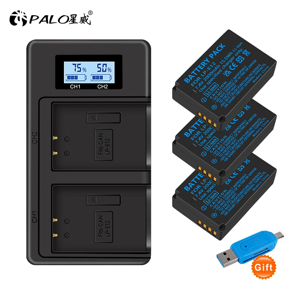 

PALO 7.4V 1800mAh LP-E12 LP E12 LPE12 Battery+LCD USB Dual Charger for Canon EOS M50 M10 M100 100D Kiss X7 Rebel SL1 Camera