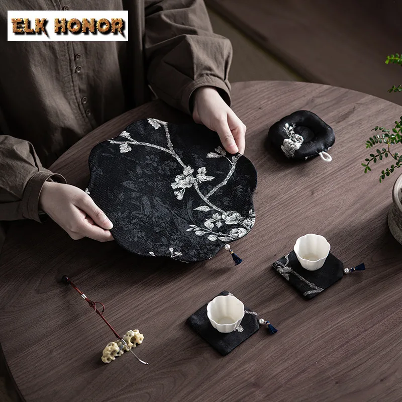 

White Plum Embroidery Tea Table Mats Japanese Big Tea Napkin Drink Coaster Dinner Table Cloth Mat Chinese Tea Set Decoration