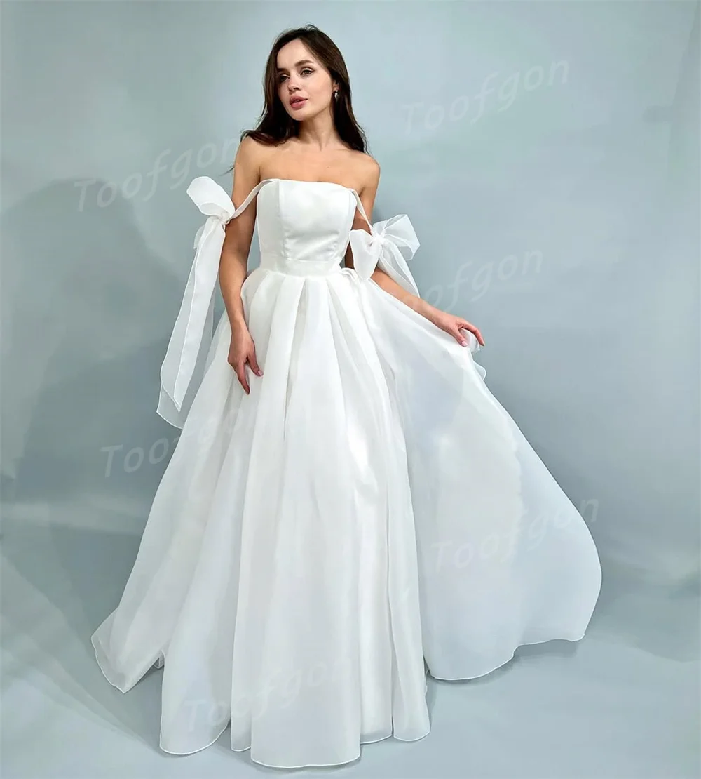 Toofgon Strapless Satin Organza Wedding Dresses Off The Shoulder Women Bride Dress Formal Party Bridal Gowns Customized