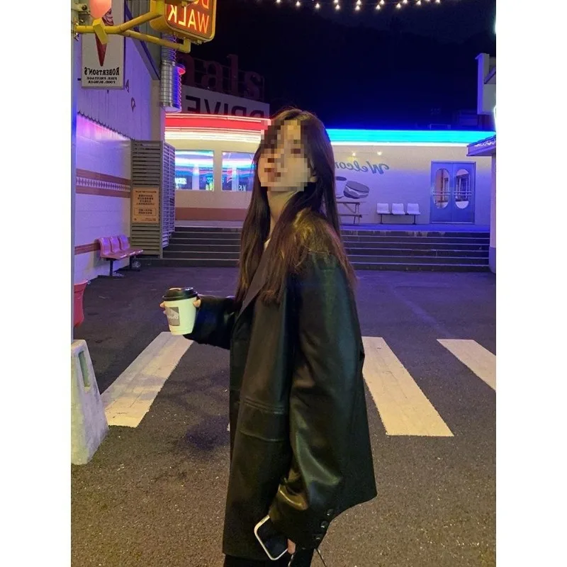 بدلة جلدية ربيعية جديدة على الطراز الكوري للنساء وسترة جلدية فضفاضة للخريف الجديد معطف نسائي عصري ورجعي #2