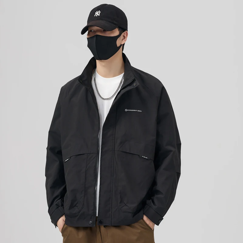 

Spring Autumn Faionable Men's Jaet Stand Collar Workwear Outerwear Loose Fit Sli Urban Sle Youth Sports