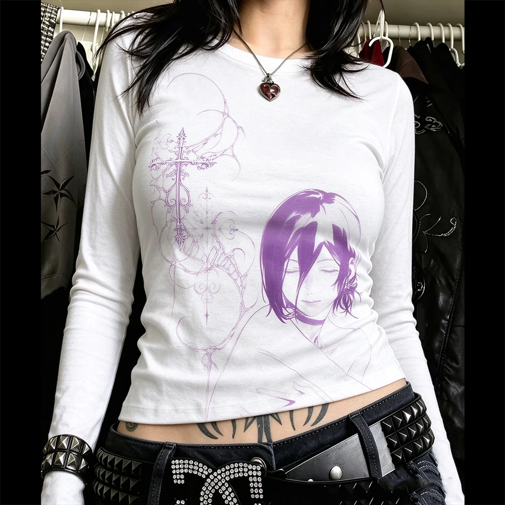Harajuku Gothic Y2K Women Long Sleeve Tee Purple Sketch Anime Character Cross Print Slim Cropped Tshirt Dark Aesthetic Top