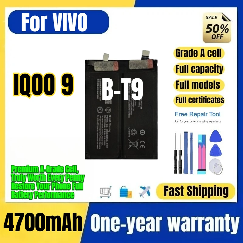 B-T9 for VIVO IQOO 9 Mobile Phone Battery 0 Cycle High Quality High Capacity Battery Replacement Bateria Grade A Cell with Tools