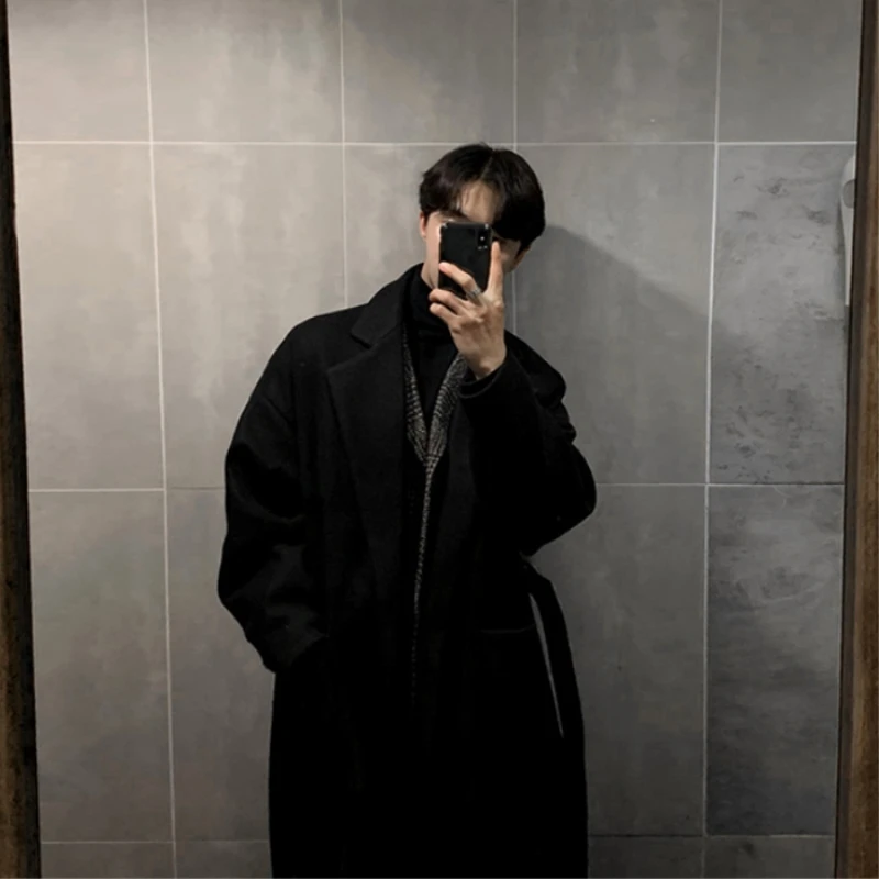 

Men's Woolen Coat Autumn Winter Thiened Plaid Overcoat Mid-Length Korean Sle Faionable Briti Sle Windbreaker