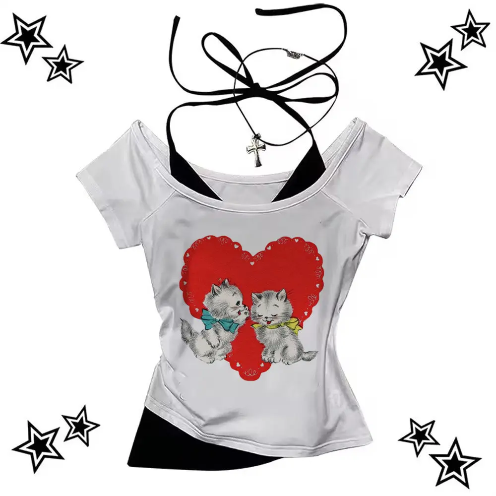 

Y2k 2000s crop top gyaru shoujo girl style Grunge Fairy Streetwear y2k vintage Aesthetic woman t-shirt