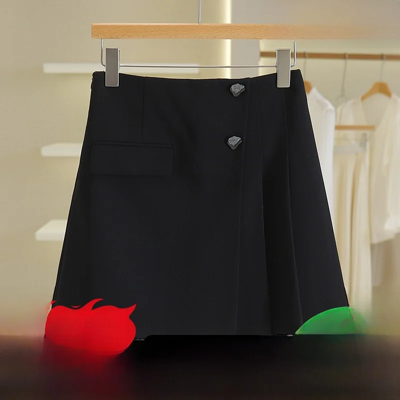 

High Waist ort Pleated Skirt Anti-Light Spring Faion Decorative Bule Women's Brand A-Line Skirt Polyester Fiber