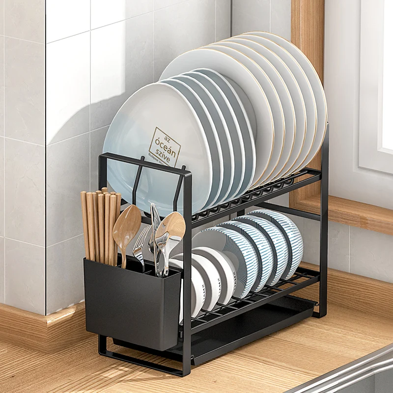 JONSOON Dish Drainer Dish Drying Rack Kitchen Storage Double Layer Dish Drainer Shelf Knife Fork Container Holder Organizer