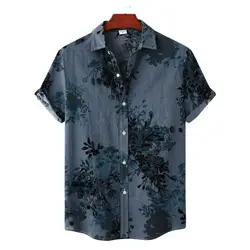 Gray Retro Hawaiian Floral Shirt Men 2023 Brand Casual Short Sleeve Button Up Beach Shirts Men Daily Holiday Vacation Clothing