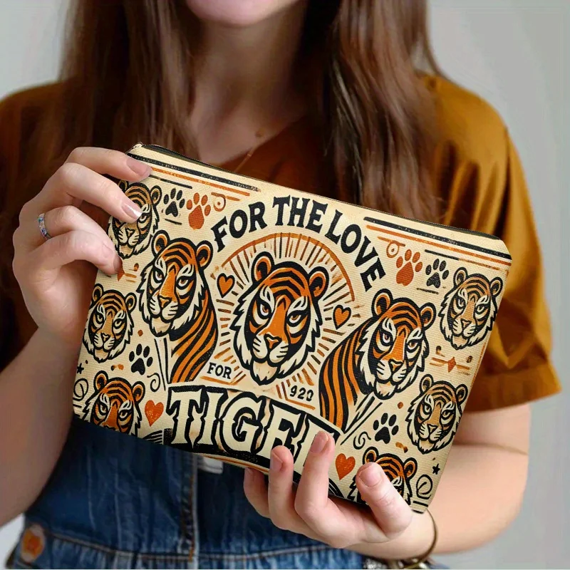 One Makeup Bag Featuring A Tiger Stripe Art Design A Stylish And Lightweight Zippered Cosmetic Pouch Suitable For Travel And Da