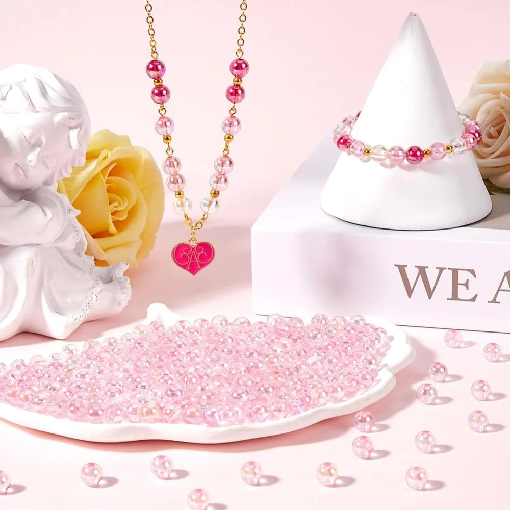 500 pezzi di perle rosa da 8 mm perline rotonde sfuse per San Valentino AB placcato colore acrilico trasparente sciolto artigianale