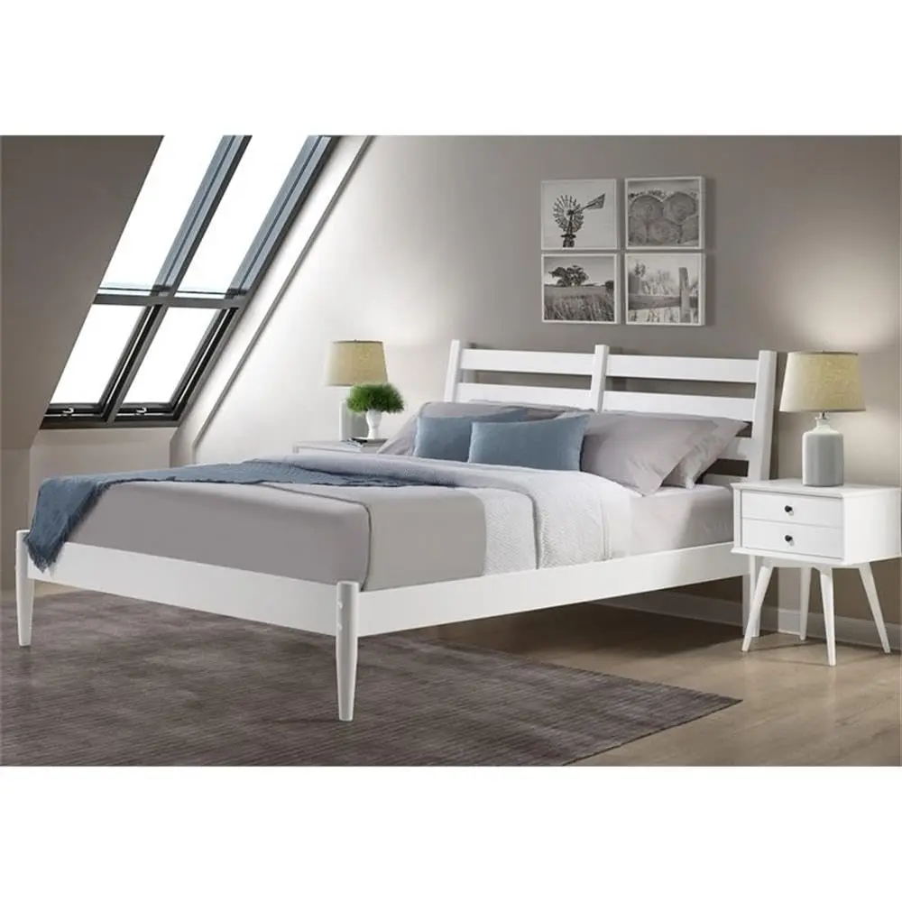 Mid-Century Slat Bed Solid Wood Queen White Finish, Customized