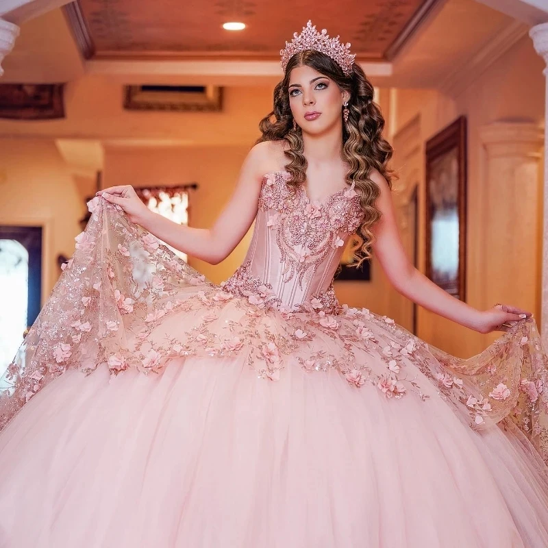 Vestido inchado fora do ombro para princesa Quinceanera, grânulos florais 3D, bata puxada com lantejoulas e cordões, rosa claro, 15 anos, 2024