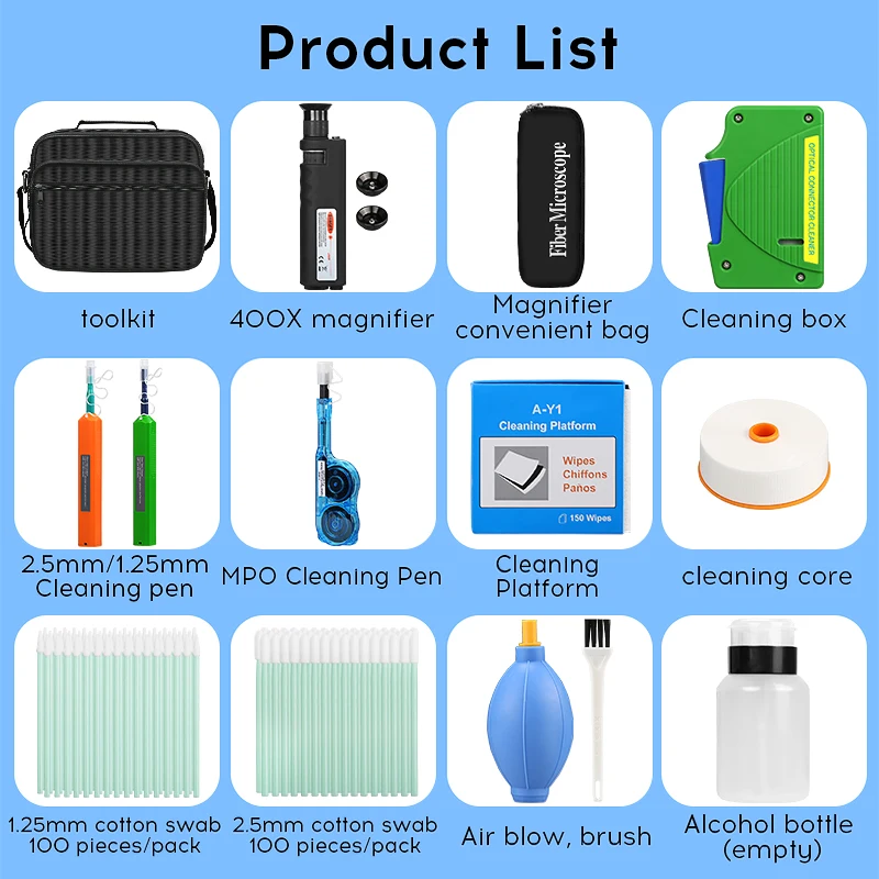 Fiber cleaning tools Fiber Cleaning Kit Fiber Optic FTTH Tool Kit Network Testing Tool with Fiber Inspection Microscope etc