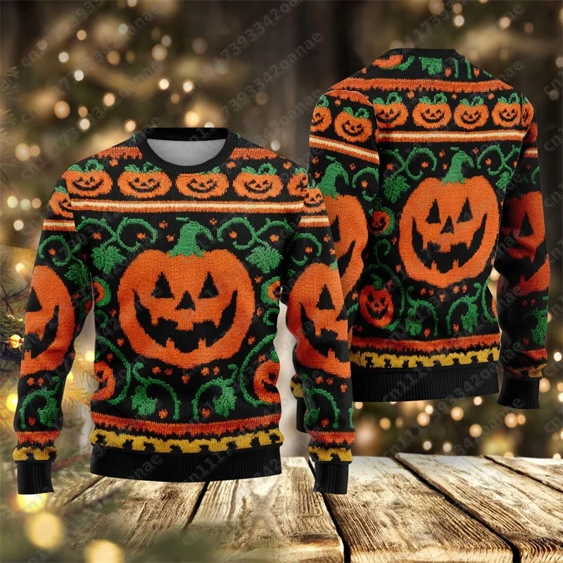 2026 New Halloween Ugly Sweater Men's Fashion Pumpkin Ghost Skull 3D Printed Sportswear Casual Holiday Top Family Style