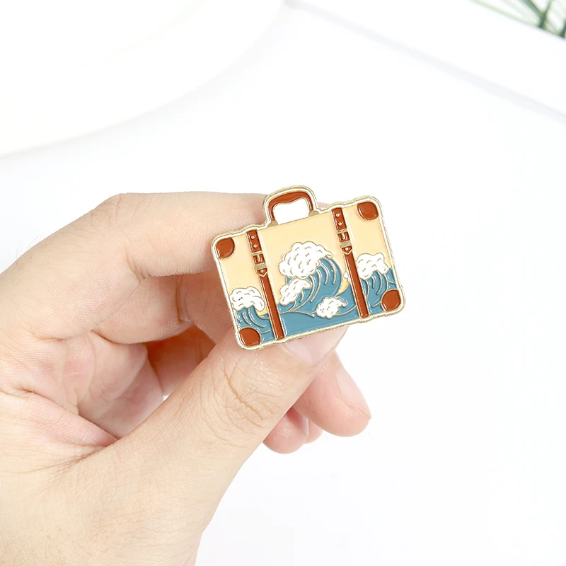 Travel Enamel Pin Adventure Tour Suitcase Journey Brooches Bag Lapel Pin Badges Mountains Oceans Wave Jewelry Gift for Friends