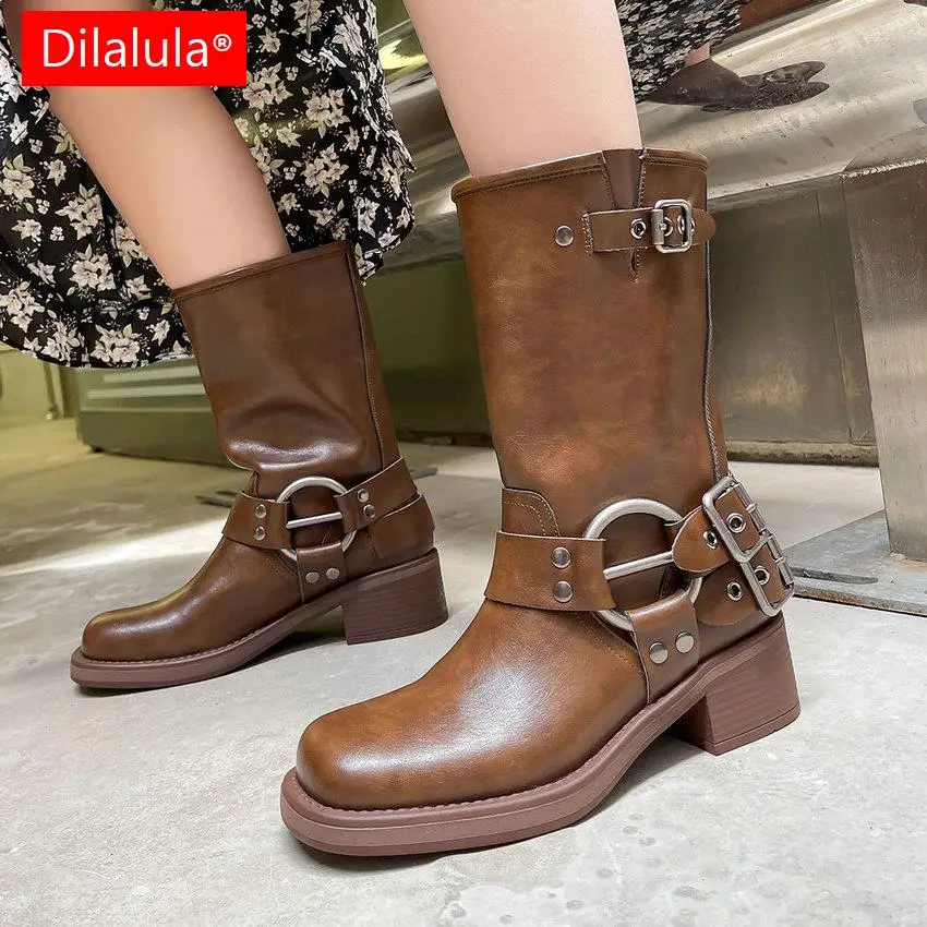 Dilalula 2024 Women Genuine Leather Mid-Calf Boots Thick Heels Round Toe Casual Office Party Shoes Woman Autumn Winter