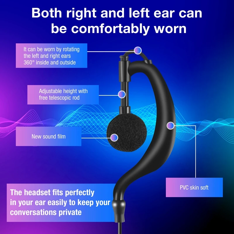 2Pin G Shape Earpiece PTT MIC Ear Hook Headset For Kenwood Puxing Wouxun Baofeng Radio