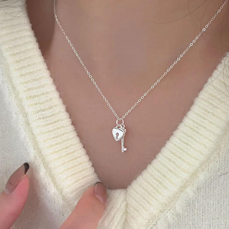 18K Gold INS 925 Sterling Silver Love Heart Lock Key Pendant Necklace Jewelry  C-B1222