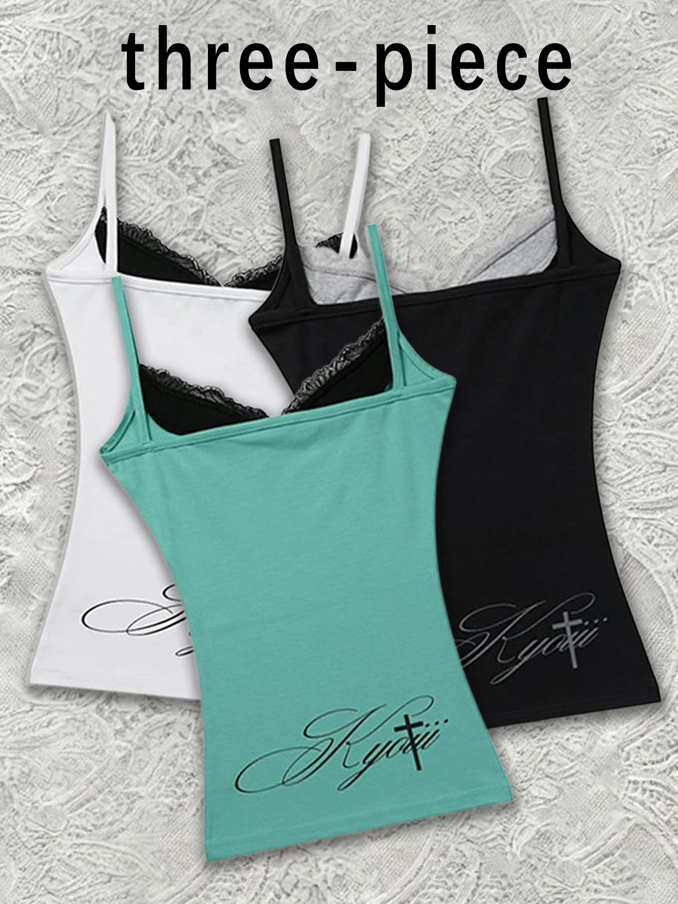 Trendy 3 Pack Lace Neckline Camisole Women Slim Fit Spaghetti Strap Tank Tops Punk Cross Letter Print Streetwear Sleeveless Tops