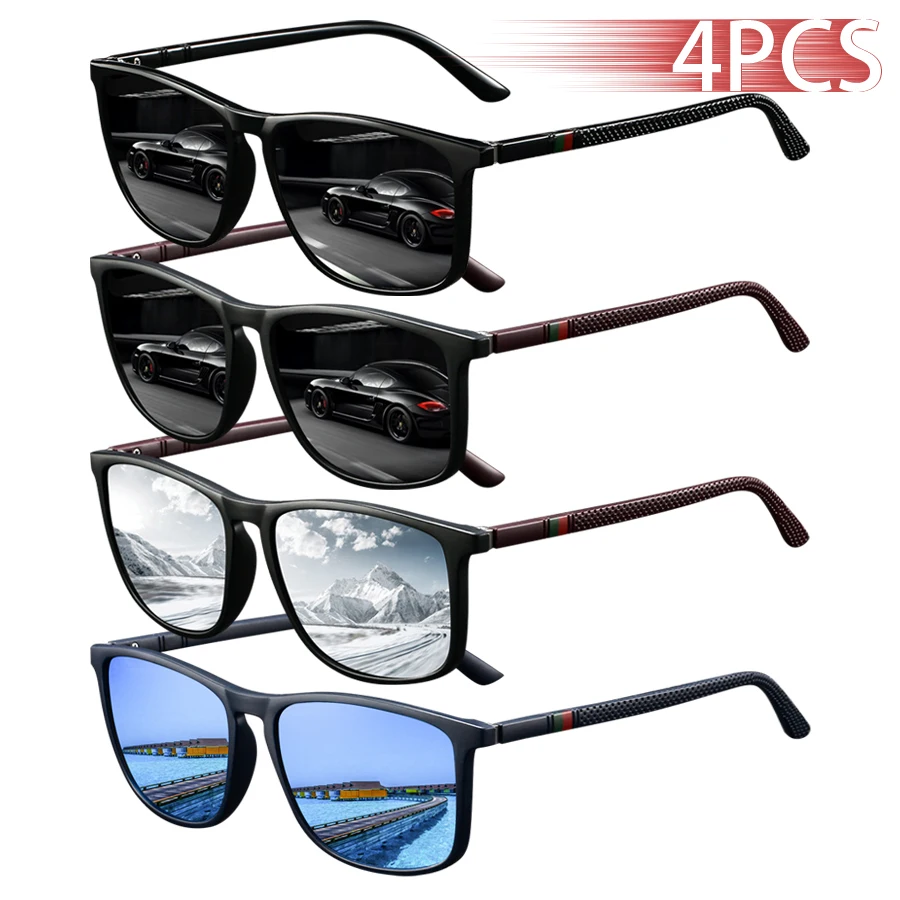 

4 PCS Fashion Vintage Check Square Sunglasses Men Women Driving Fishing Man Luxury Brand Designer Sun Glasses UV400 Eyewear