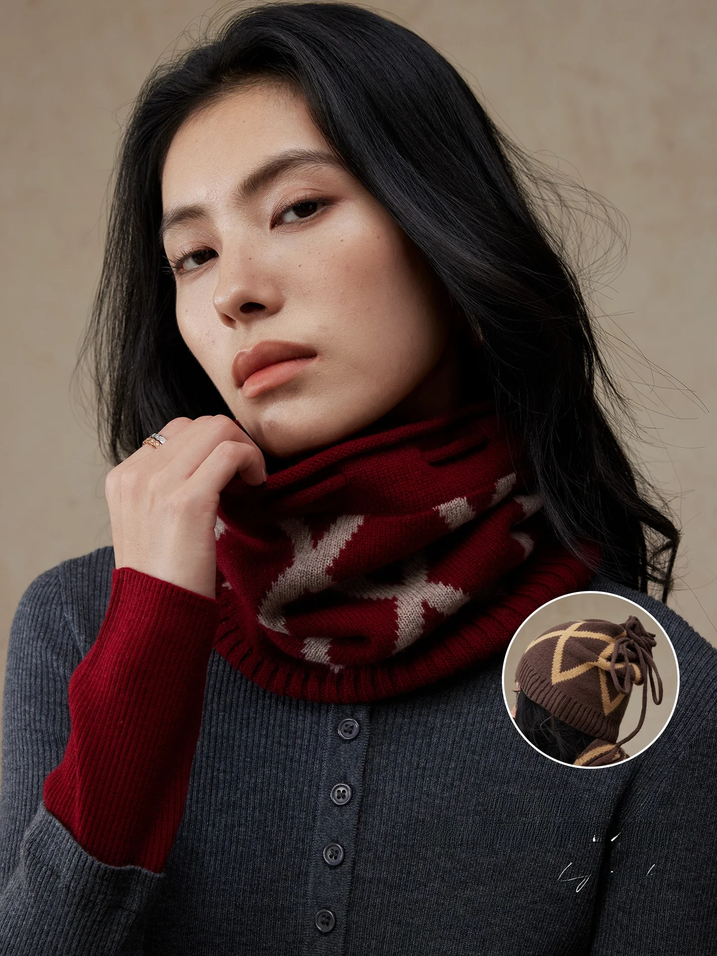 Lagur Money Bag 100% Merino Wool Scarf Hat Combo 2025 New Knitted Women's Winter Fashion Accessories  Design