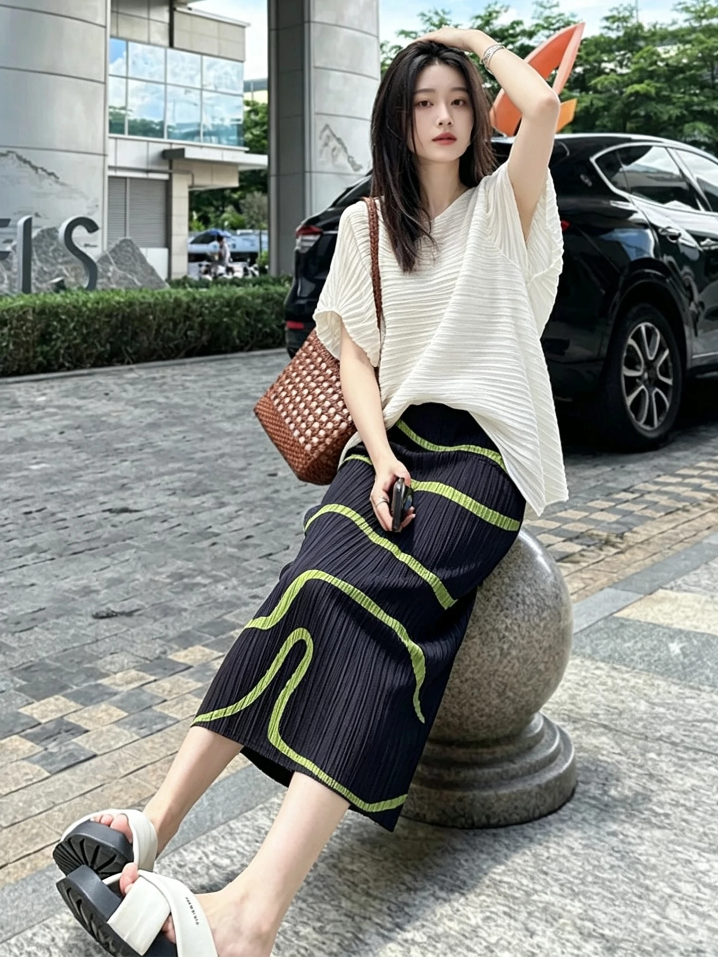Casual Stripe Midi Skirt Set High Waist Bodycon Versatile Fashionable Summer Outfit for Women by Sanza Art Creation